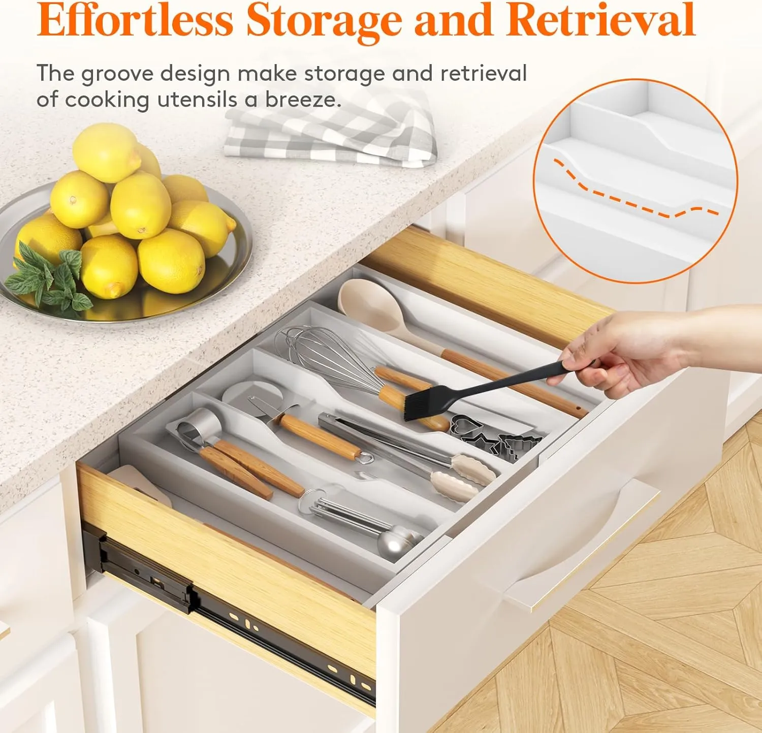 Lifewit Utensil Organizer for Kitchen Drawer, Expandable Cooking Utensil Tray, Bamboo Cutlery Silverware Flatware Holder, Adjustable Spatula Tools and Gadgets Storage Divider, Large, White