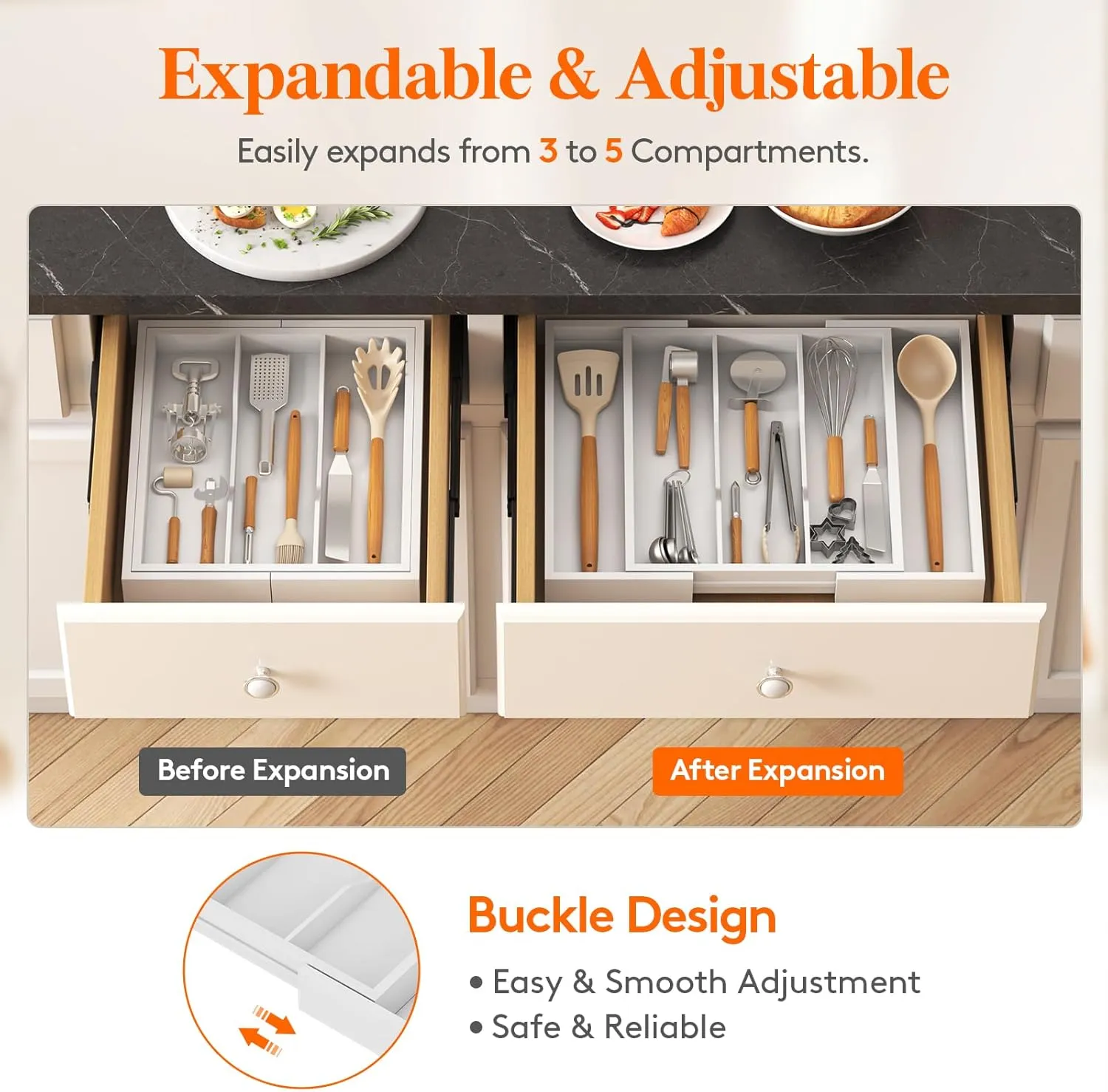 Lifewit Utensil Organizer for Kitchen Drawer, Expandable Cooking Utensil Tray, Bamboo Cutlery Silverware Flatware Holder, Adjustable Spatula Tools and Gadgets Storage Divider, Large, White