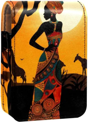 Lipstick Case,Leather Lip Gloss Lipstick Organizer with Mirror,Mini Lipstick Holder Bag,African Black Woman Animal