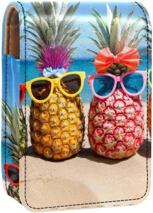 Lipstick Case,Leather Lip Gloss Lipstick Organizer with Mirror,Mini Lipstick Holder Bag,Beach Sea Funny Pineapple