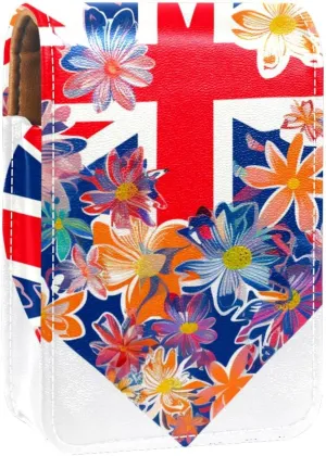 Lipstick Case,Leather Lip Gloss Lipstick Organizer with Mirror,Mini Lipstick Holder Bag,British Flag Heart Flower