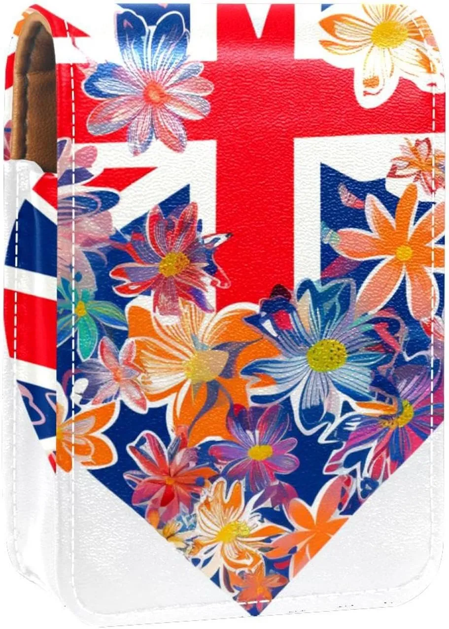 Lipstick Case,Leather Lip Gloss Lipstick Organizer with Mirror,Mini Lipstick Holder Bag,British Flag Heart Flower