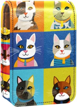 Lipstick Case,Leather Lip Gloss Lipstick Organizer with Mirror,Mini Lipstick Holder Bag,Cartoon Dog and Cat Plaid