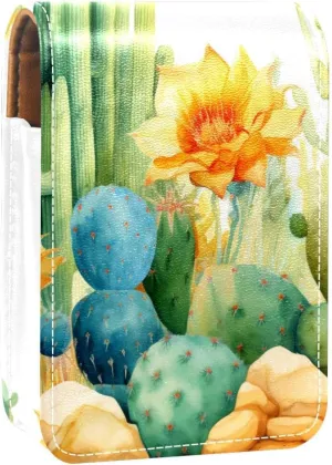Lipstick Case,Leather Lip Gloss Lipstick Organizer with Mirror,Mini Lipstick Holder Bag,Watercolor Cacti