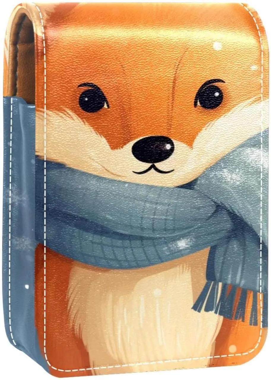 Lipstick Case,Leather Lip Gloss Lipstick Organizer with Mirror,Mini Lipstick Holder Bag,Winter Cartoon Fox