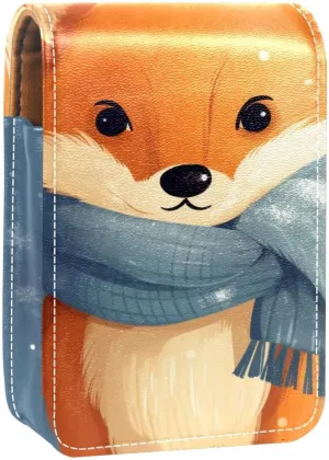 Lipstick Case,Leather Lip Gloss Lipstick Organizer with Mirror,Mini Lipstick Holder Bag,Winter Cartoon Fox