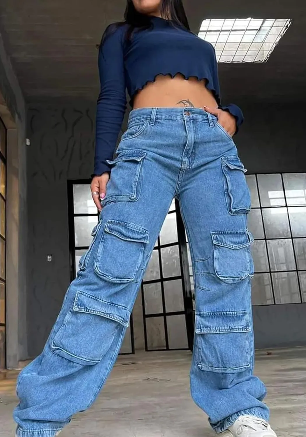 LKOUS Women's Y2K Baggy Straight Wide Leg Cargo Jeans, Streetwear High Waisted Denim Pant