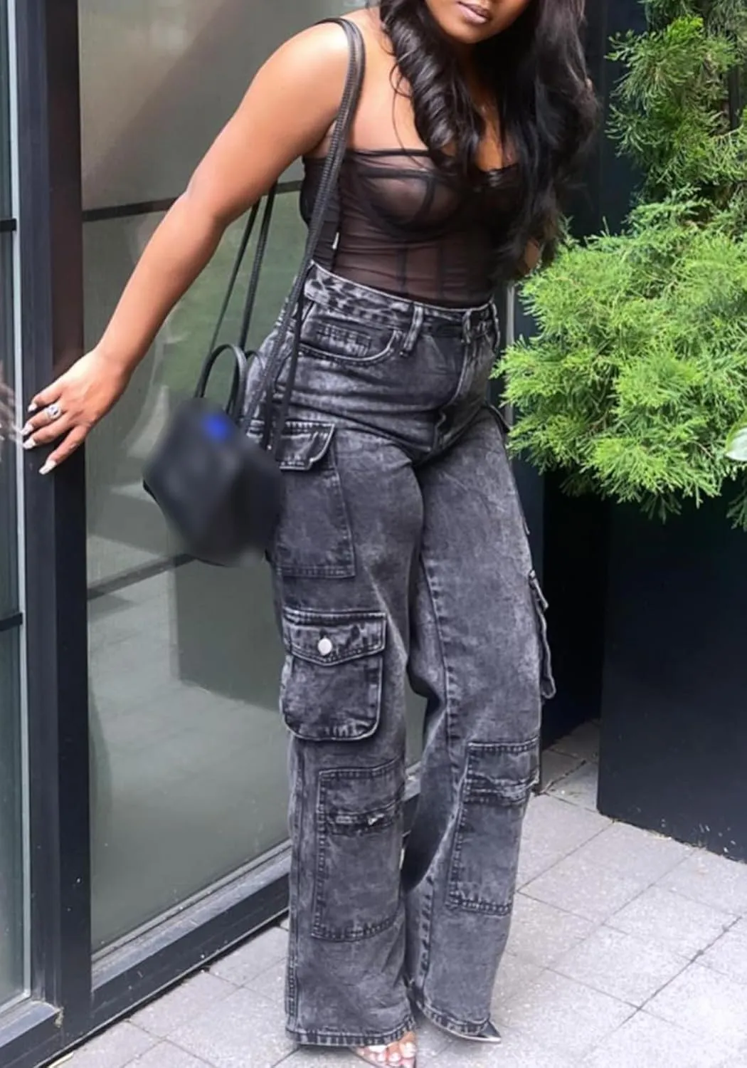 LKOUS Women's Y2K Baggy Straight Wide Leg Cargo Jeans, Streetwear High Waisted Denim Pant