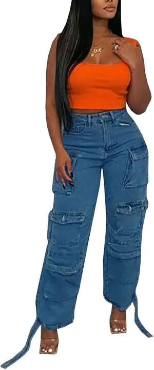LKOUS Women's Y2K Baggy Straight Wide Leg Cargo Jeans, Streetwear High Waisted Denim Pant