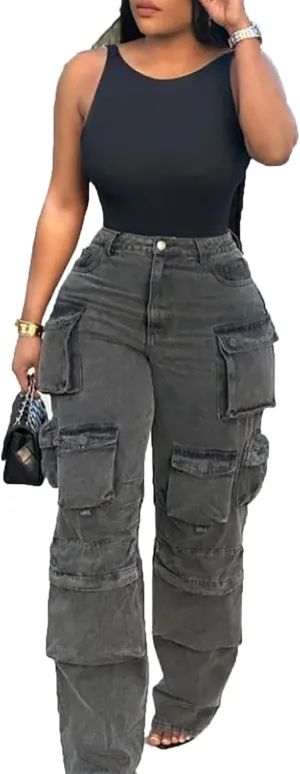LKOUS Women's Y2K Baggy Straight Wide Leg Cargo Jeans, Streetwear High Waisted Denim Pant