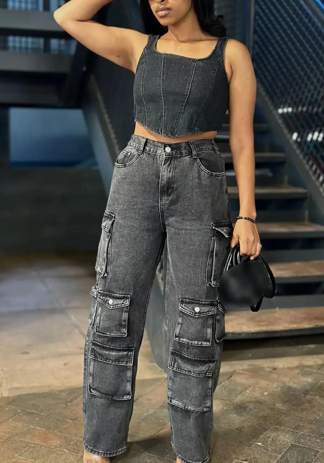 LKOUS Women's Y2K Baggy Straight Wide Leg Cargo Jeans, Streetwear High Waisted Denim Pant