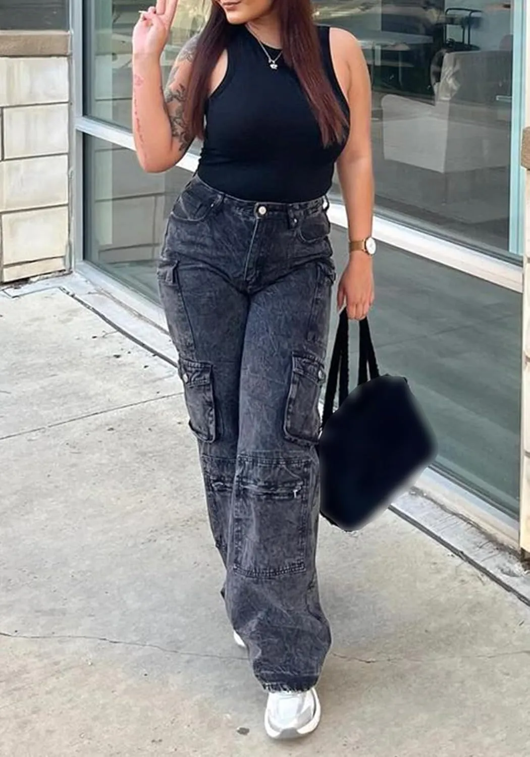 LKOUS Women's Y2K Baggy Straight Wide Leg Cargo Jeans, Streetwear High Waisted Denim Pant