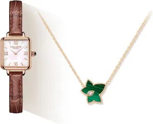 Lola Rose Genuine Brown Leather Strap Wrist Watch with Exquisite Malachite Bead Necklace