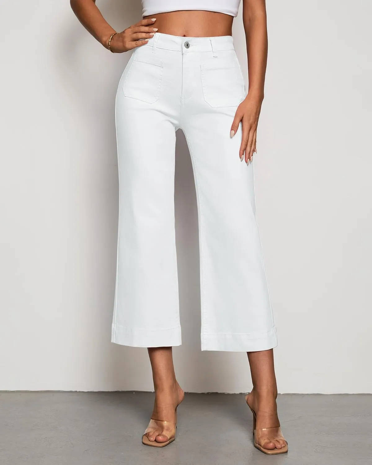 LookbookStore Wide Leg Cropped Jeans for Women High Waisted Stretchy Denim Jean Pants Baggy Flare Trouser Jeans Pockets
