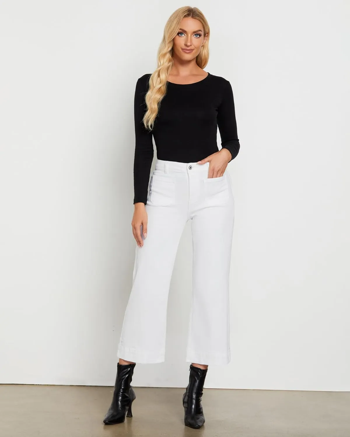 LookbookStore Wide Leg Cropped Jeans for Women High Waisted Stretchy Denim Jean Pants Baggy Flare Trouser Jeans Pockets