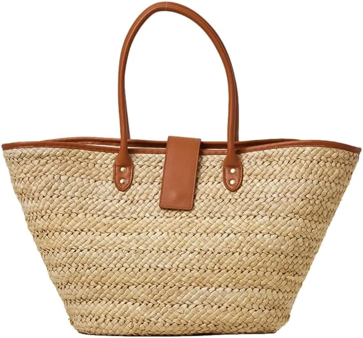 L*Space Alfie Bag, Featuring Faux Leather Straps, Magnetic Flap Closure and Multipurpose Cornhusk Body, Large Tote Bag, Natural