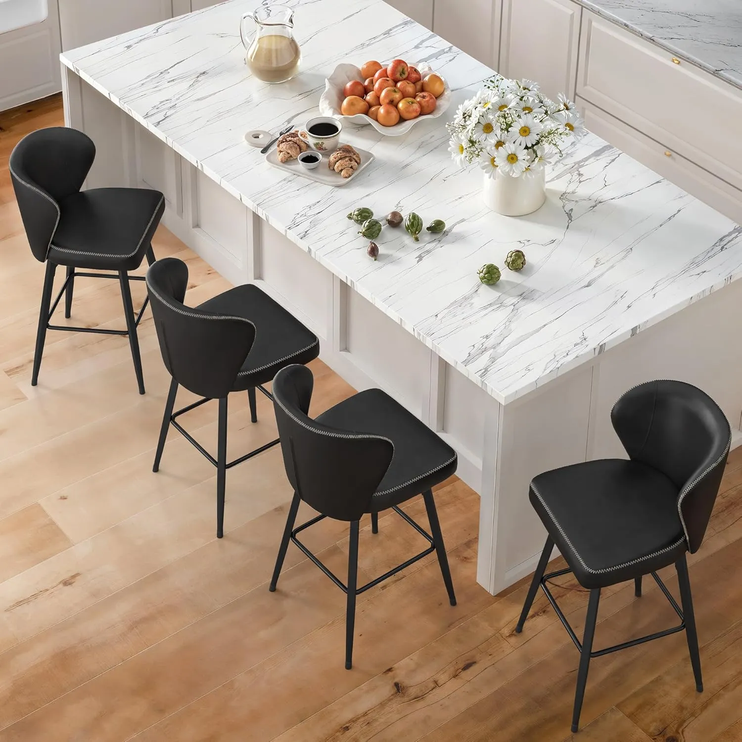 LUE BONA 26 Inch Swivel Bar Stools Set of 4, Counter Height Bar Stools with Back, Upholstered Counter Stools, Faux Leather with Stitching, Metal Legs, Easy Assembly, Black
