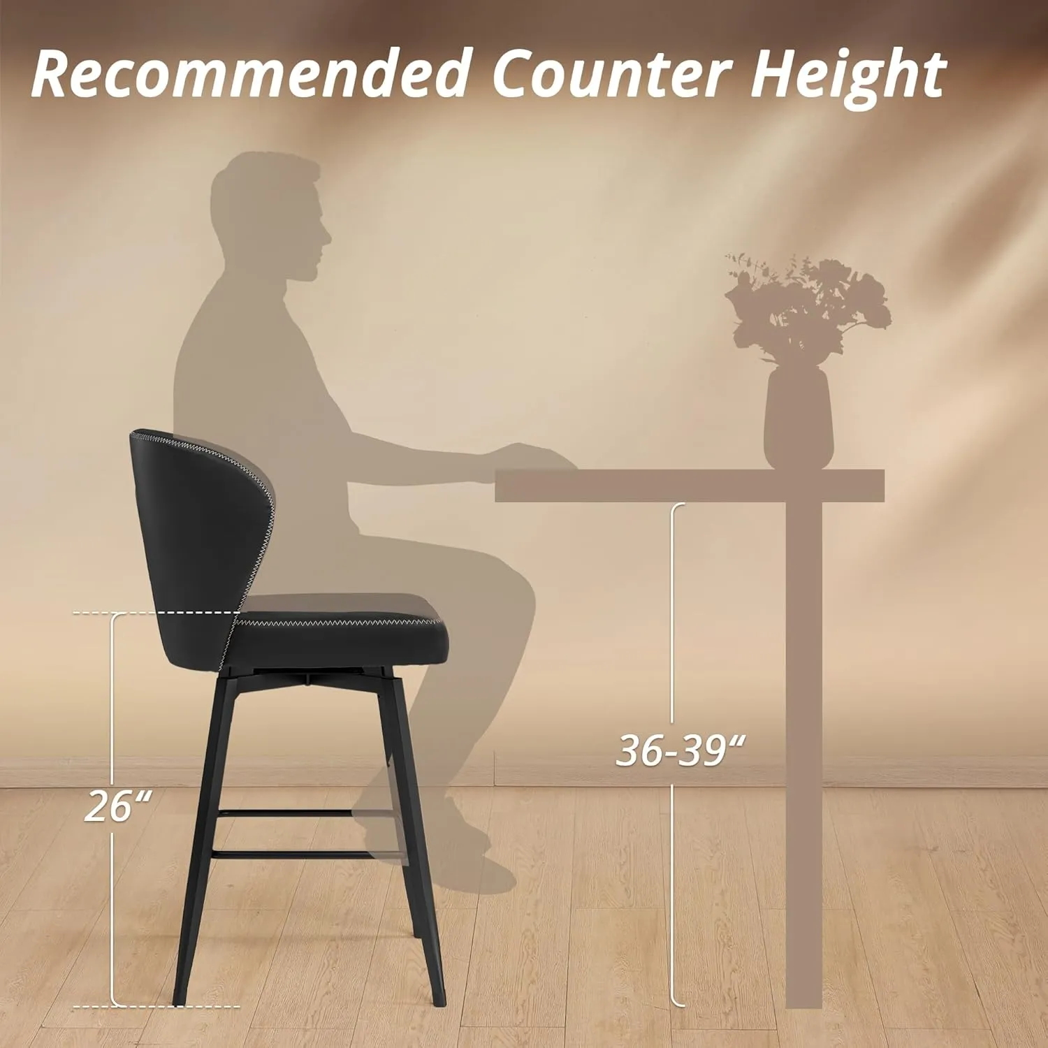 LUE BONA 26 Inch Swivel Bar Stools Set of 4, Counter Height Bar Stools with Back, Upholstered Counter Stools, Faux Leather with Stitching, Metal Legs, Easy Assembly, Black
