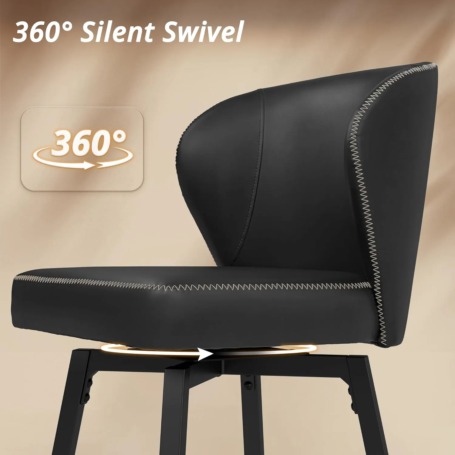 LUE BONA 26 Inch Swivel Bar Stools Set of 4, Counter Height Bar Stools with Back, Upholstered Counter Stools, Faux Leather with Stitching, Metal Legs, Easy Assembly, Black