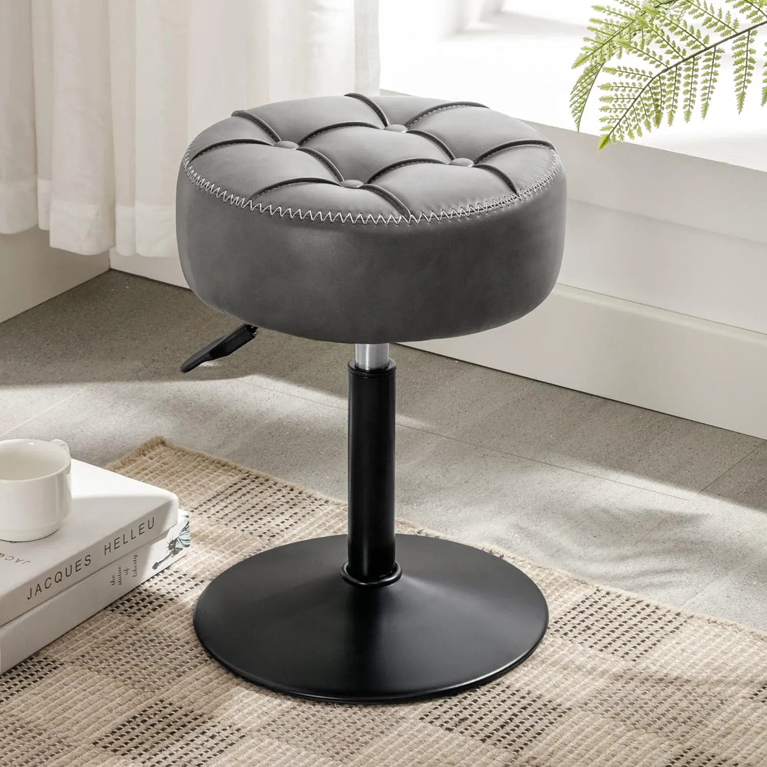 LUE BONA Adjustable Swivel Vanity Chair, Grey Faux Leather Stool for Makeup Room, Bathroom & Living Room