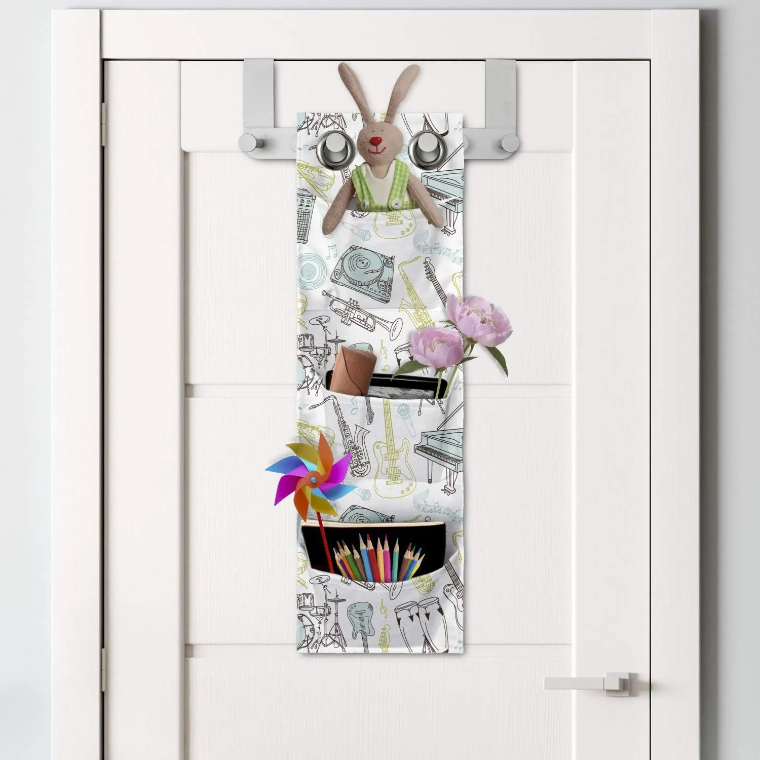 Lunarable Musical Hanging Pocket Organizer, Hand Drawn Percussion Drums Electro Guitar and Grand Piano, Printed Polyester Storage Bag with Pockets, 9" x 27", Dark Taupe Pale Green