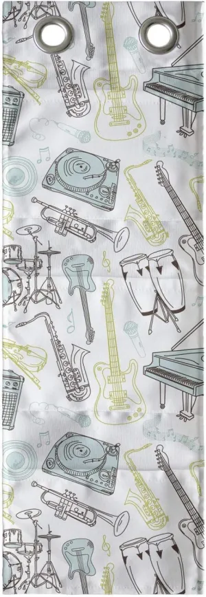 Lunarable Musical Hanging Pocket Organizer, Hand Drawn Percussion Drums Electro Guitar and Grand Piano, Printed Polyester Storage Bag with Pockets, 9" x 27", Dark Taupe Pale Green