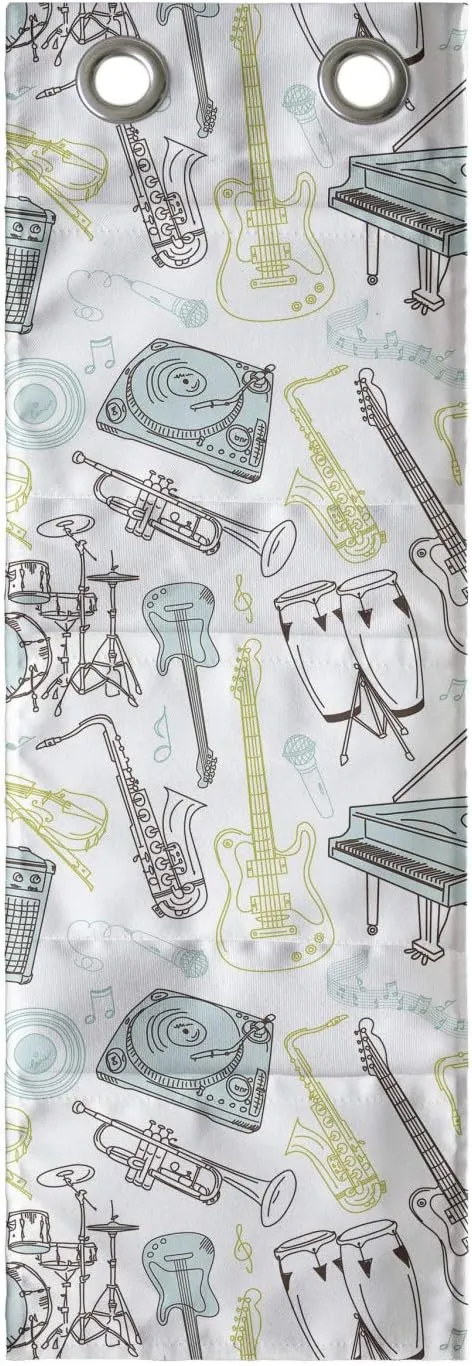 Lunarable Musical Hanging Pocket Organizer, Hand Drawn Percussion Drums Electro Guitar and Grand Piano, Printed Polyester Storage Bag with Pockets, 9" x 27", Dark Taupe Pale Green