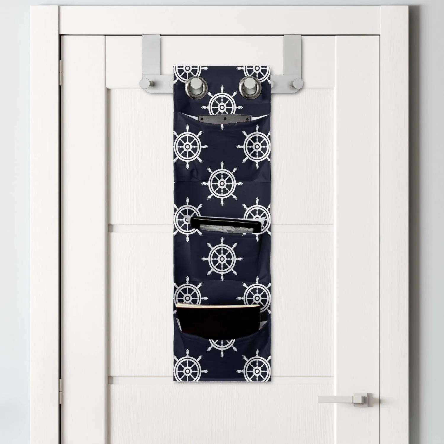 Lunarable Nautical Hanging Pocket Organizer, Symmetrical Steering Wheels Sailing Vessel Navigation Sailor Mariner Travel, Printed Polyester Storage Bag with Pockets, 9" x 27", Dark Blue White
