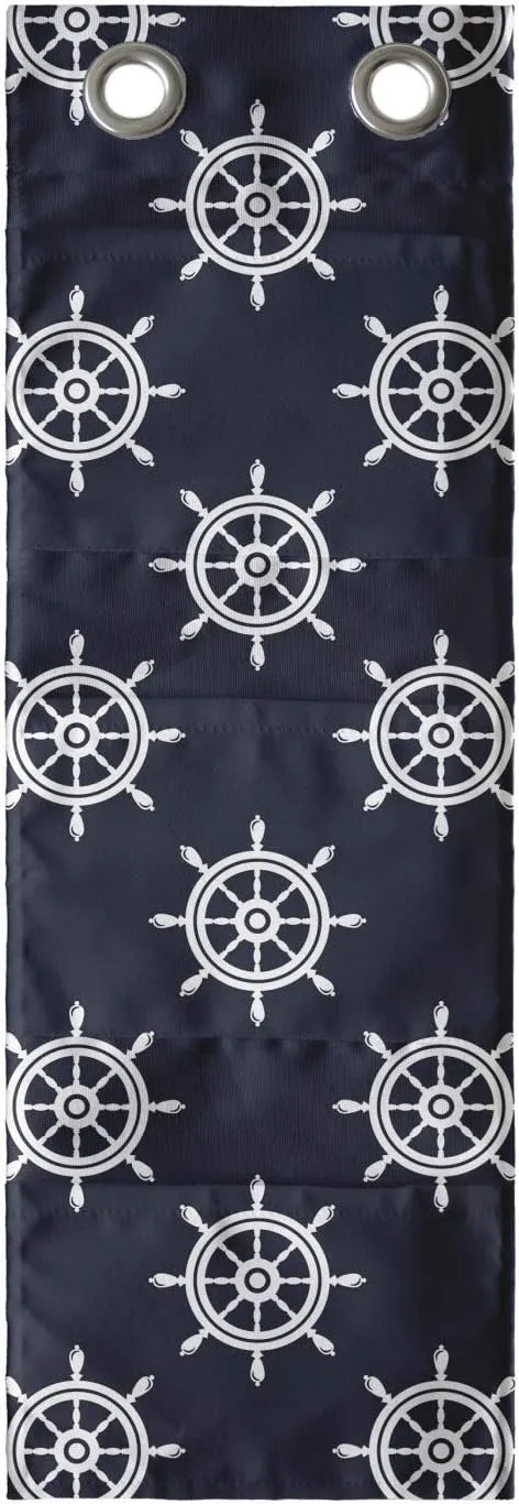Lunarable Nautical Hanging Pocket Organizer, Symmetrical Steering Wheels Sailing Vessel Navigation Sailor Mariner Travel, Printed Polyester Storage Bag with Pockets, 9" x 27", Dark Blue White