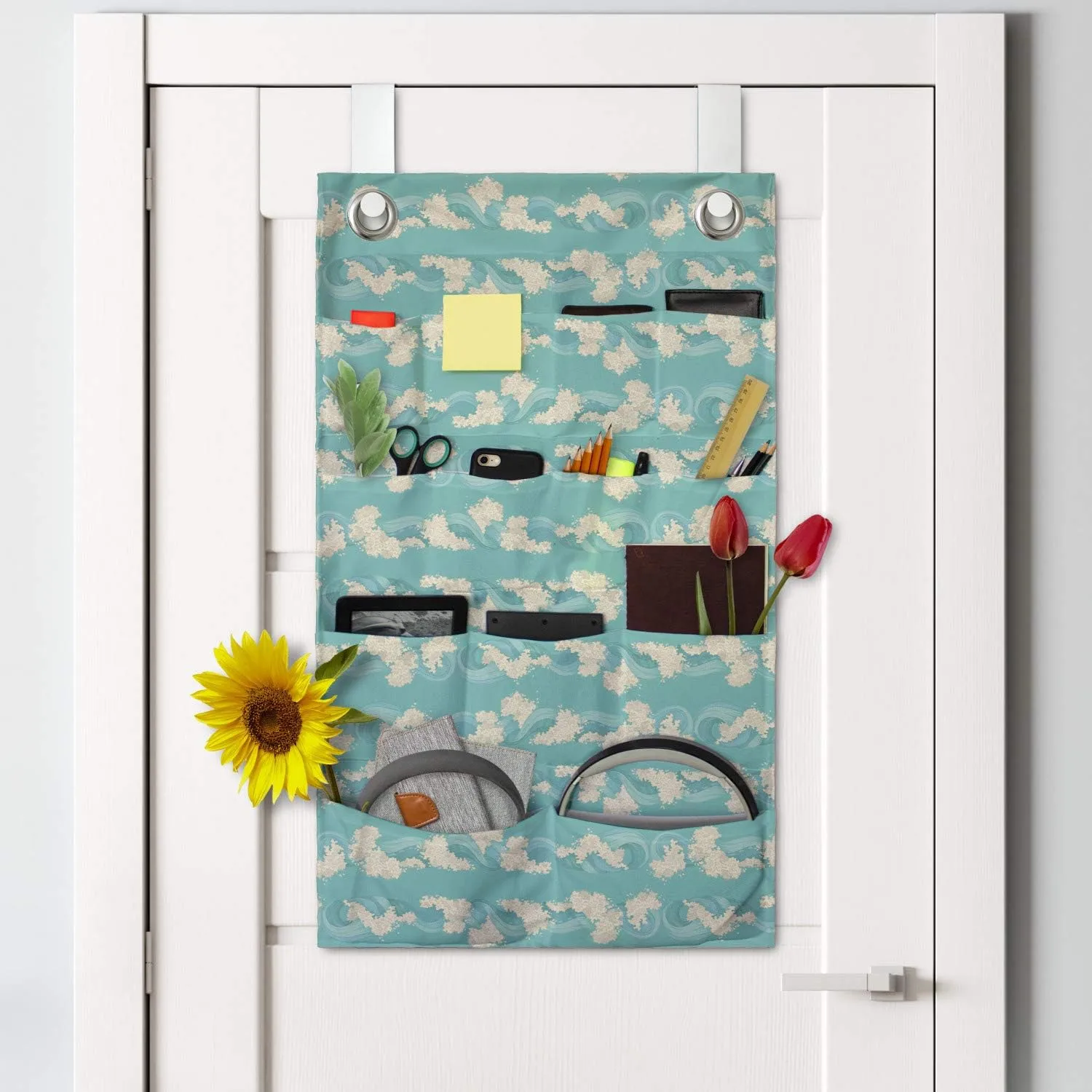 Lunarable Waves Hanging Pocket Organizer, Style Ocean Pattern Freedom Retro Freshness Poetic Illustration, Printed Polyester Storage Bag with Pockets, 21" x 31", Turquoise and Cream