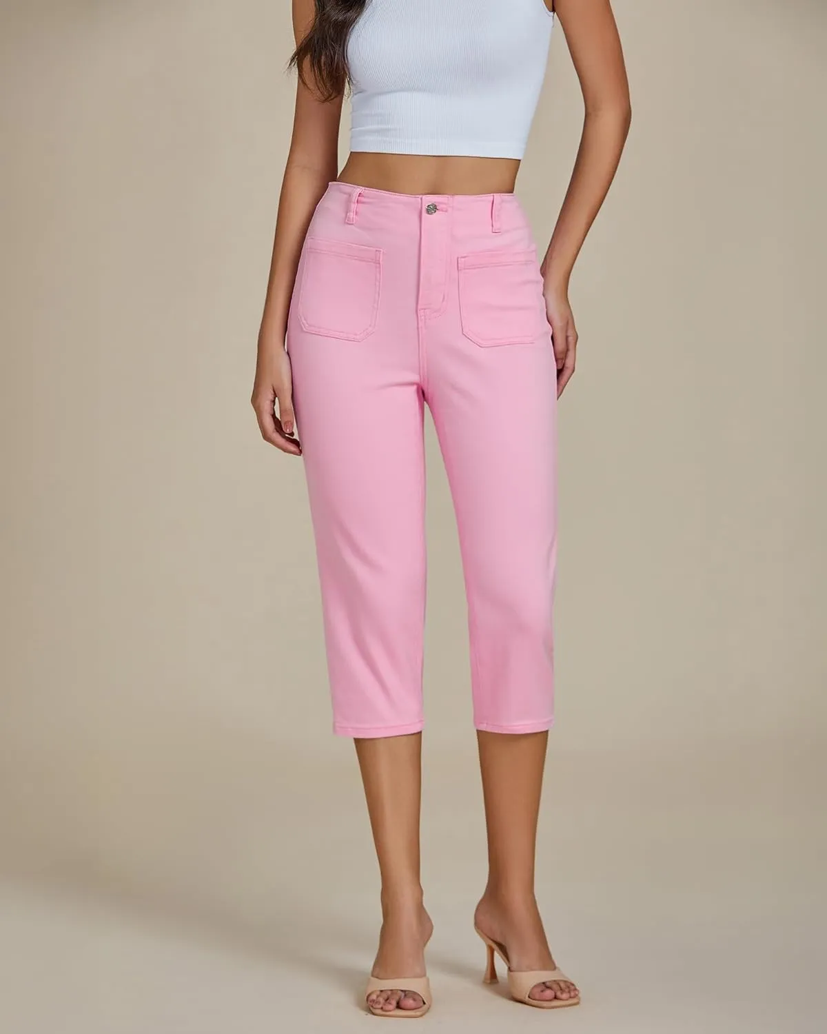 luvamia Capris Jeans for Women Trendy High Waisted Patch Pocket Casual Summer Cropped Stretchy Denim Skinny Capri Pants