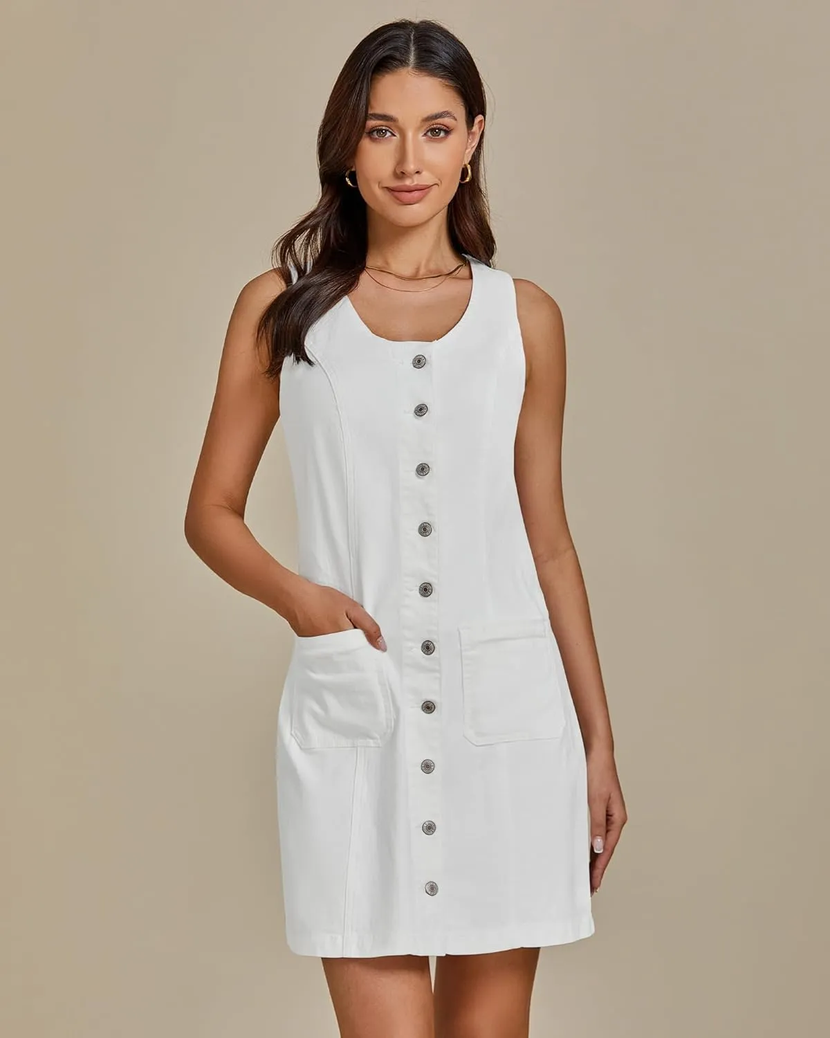 luvamia Denim Dresses for Women Sleeveless Stretchy Jean Summer Casual Western Short Button Down Dress with Patch Pocket