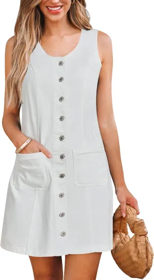 luvamia Denim Dresses for Women Sleeveless Stretchy Jean Summer Casual Western Short Button Down Dress with Patch Pocket