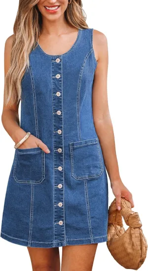 luvamia Denim Dresses for Women Sleeveless Stretchy Jean Summer Casual Western Short Button Down Dress with Patch Pocket