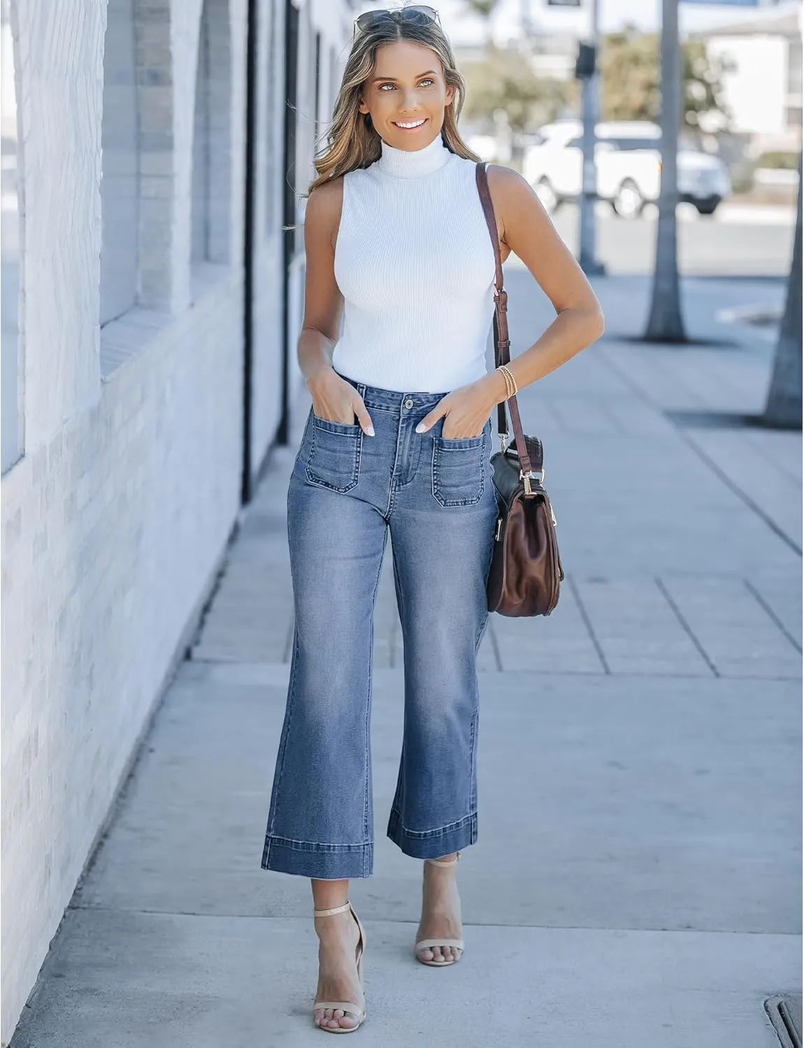 luvamia Wide Leg Jeans for Women Trendy High Waisted Flare Jeans Cropped Denim Pants Stretchy Baggy with Patch Pockets