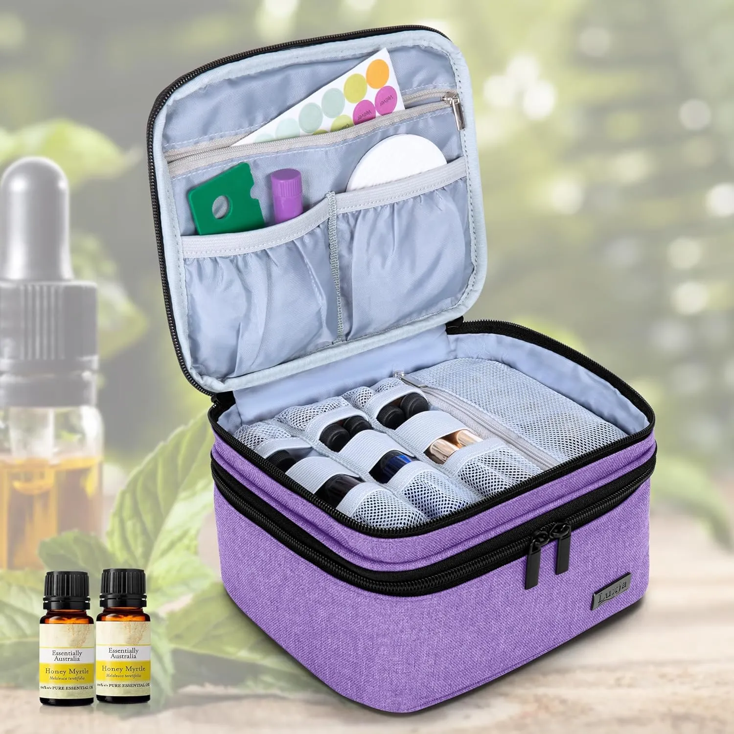 LUXJA Essential Oil Carrying Case - Holds 30 Bottles (5ml-30ml, Also Fits for Roller Bottles), Double-Layer Organizer for Essential Oil and Accessories, Lavender (Bag Only)