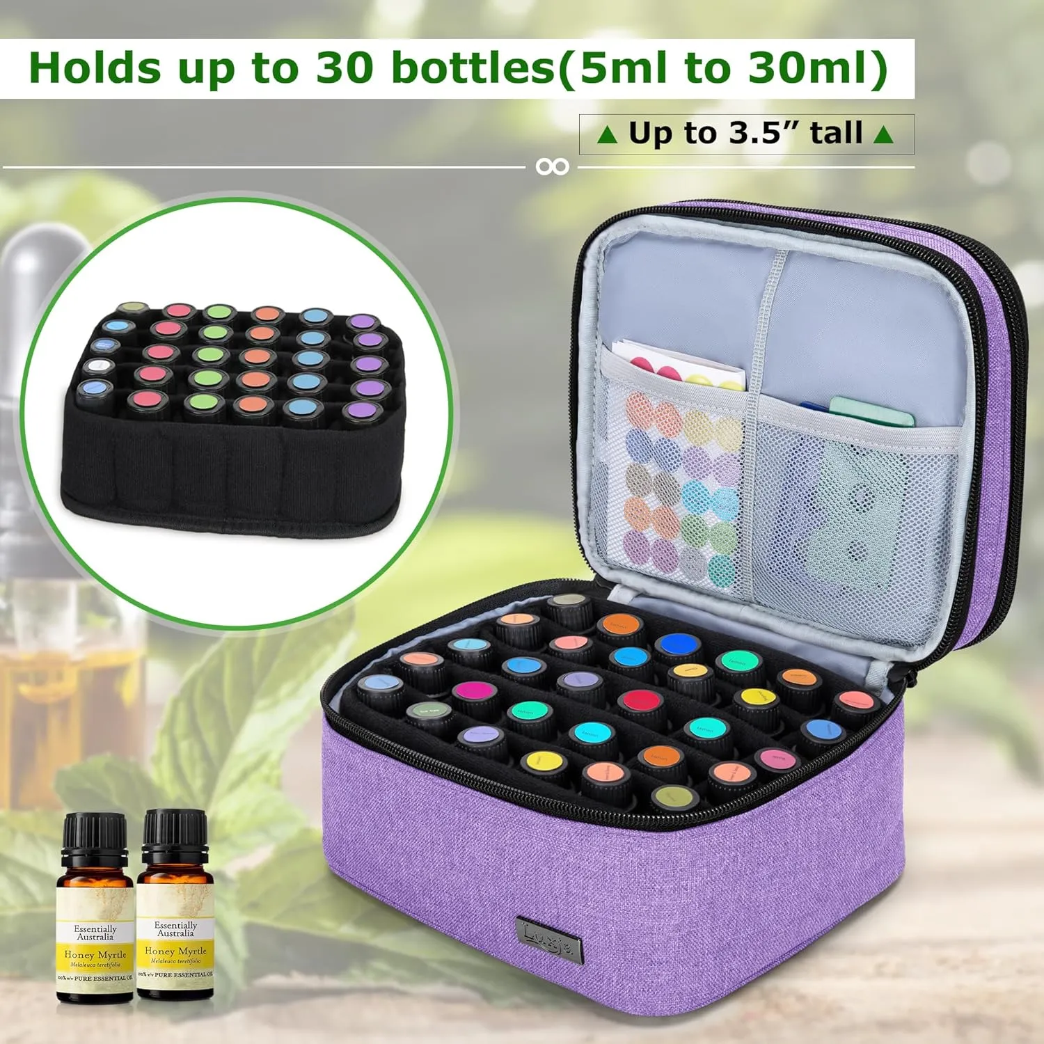 LUXJA Essential Oil Carrying Case - Holds 30 Bottles (5ml-30ml, Also Fits for Roller Bottles), Double-Layer Organizer for Essential Oil and Accessories, Lavender (Bag Only)