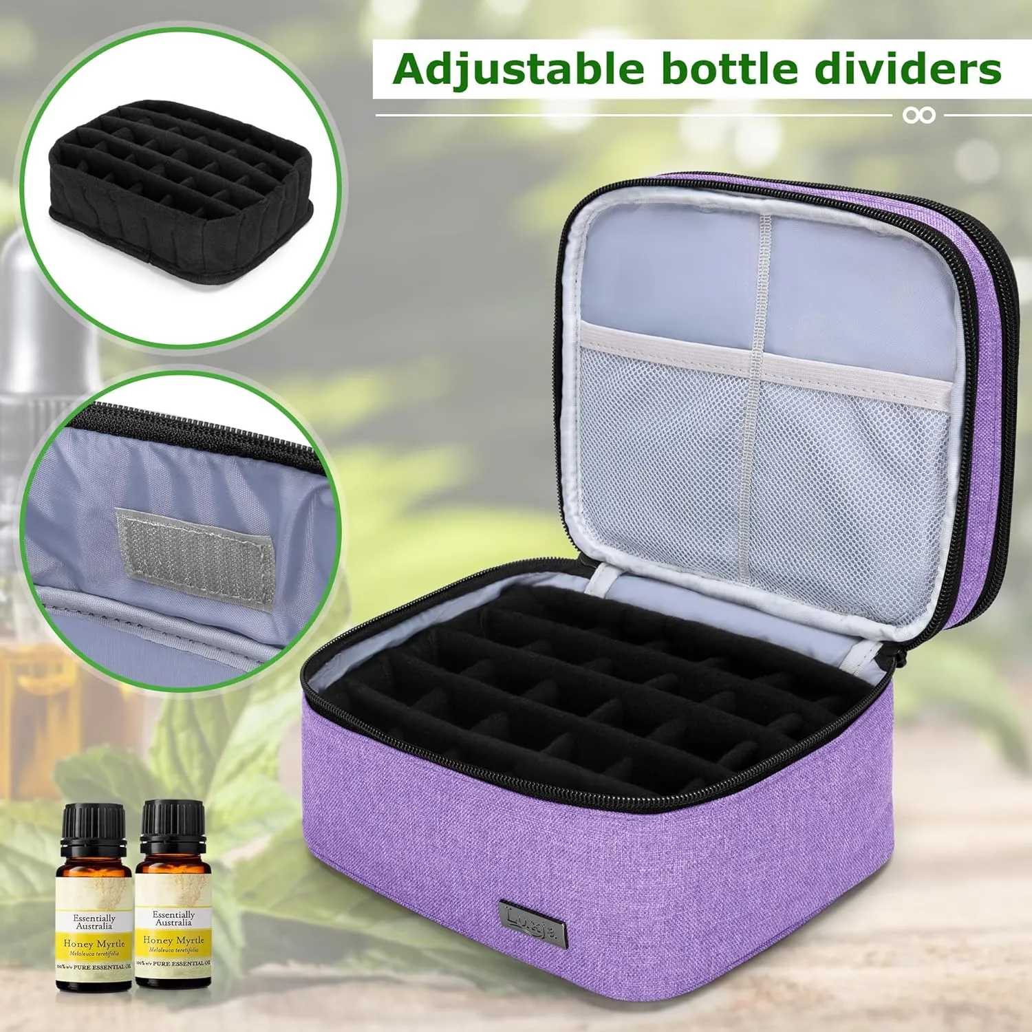 LUXJA Essential Oil Carrying Case - Holds 30 Bottles (5ml-30ml, Also Fits for Roller Bottles), Double-Layer Organizer for Essential Oil and Accessories, Lavender (Bag Only)