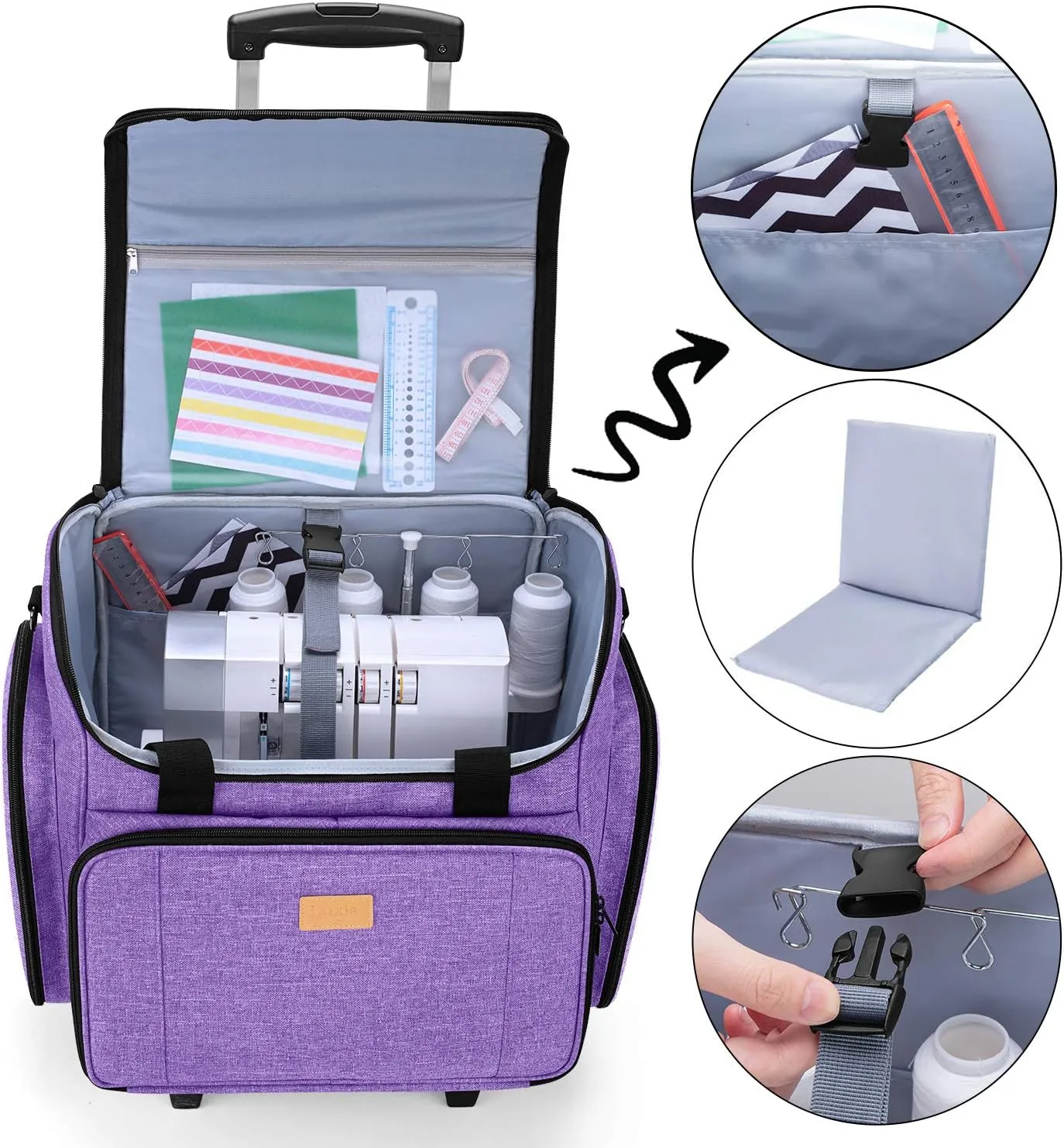 LUXJA Serger Case with Detachable Trolley Dolly, Bag with Removable Padding Pad (Fit for Most Standard Machines), Purple