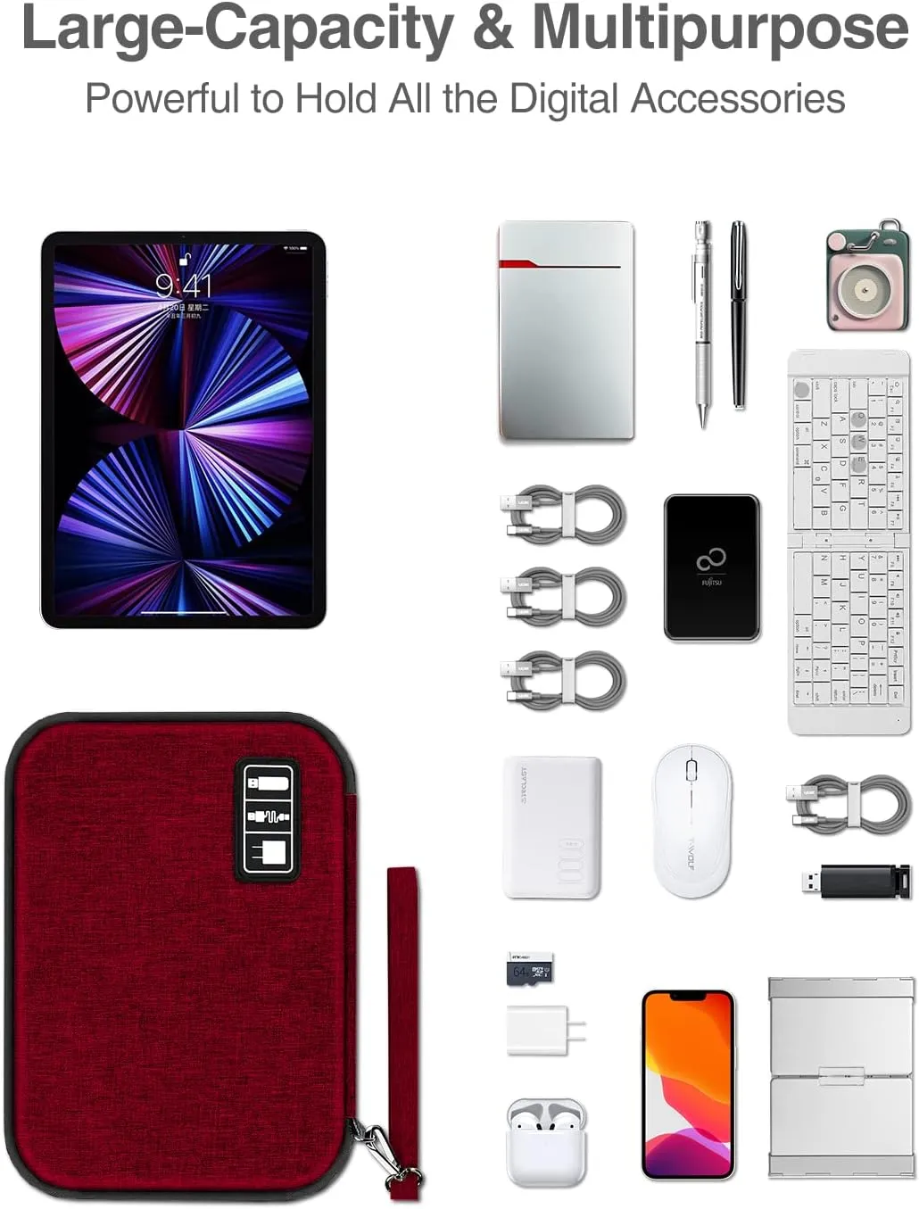 Luxtude Electronic, Red, L, Minimalist Tech Organizer