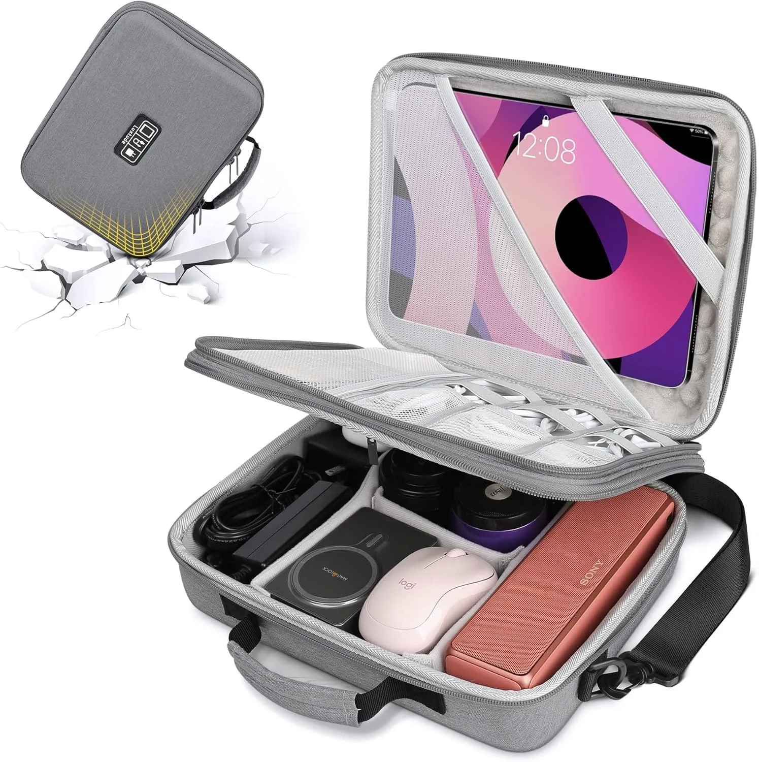 Luxtude Electronics Organizer, EVA Hard Travel Case with Shoulder Strap, Shockproof Travel Cord Organizer, Cable Organizer Bag, Large Capacity Carrying Case for iPad(Up to 11’’), Cable, Charger, USB
