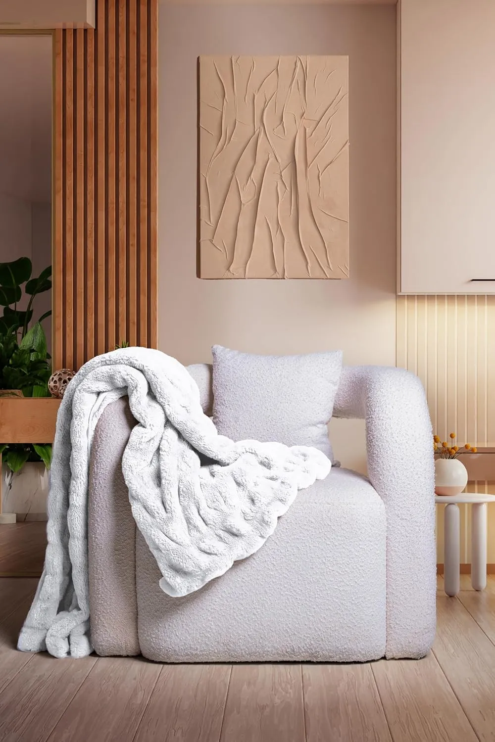 Luxury Concepts Soft Faux Rabbit Fur Throw Blanket - 50" x 60", Elegant Ruched Design Blanket, Machine Washable and Wrinkle Resistant, Lightweight White Throw Blanket for Couch, Sofa and Bed