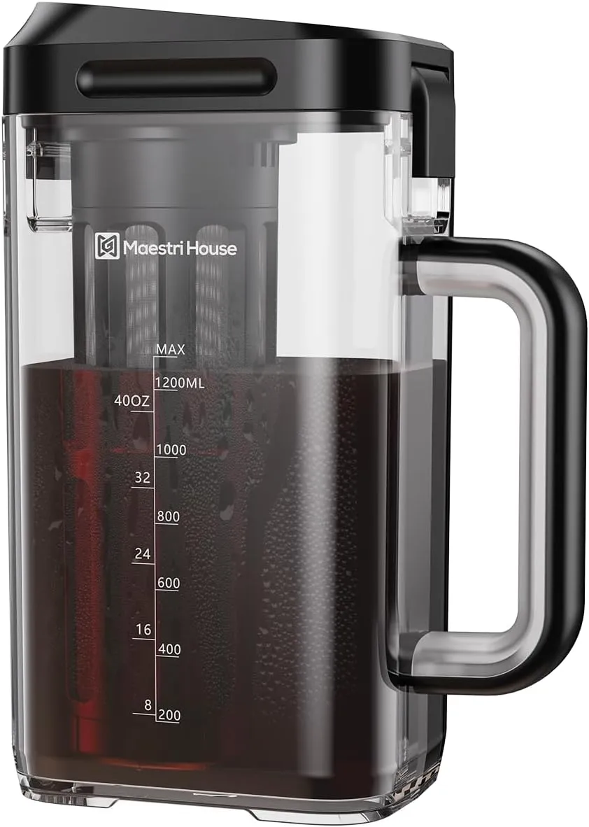 Maestri House Compact Cold Brew Coffee Maker, 41oz Iced Tea and Coffee Maker Brewer Space Saving Tritan Pitcher, 350 Mesh Filter, 100% Leak-Proof (Black)