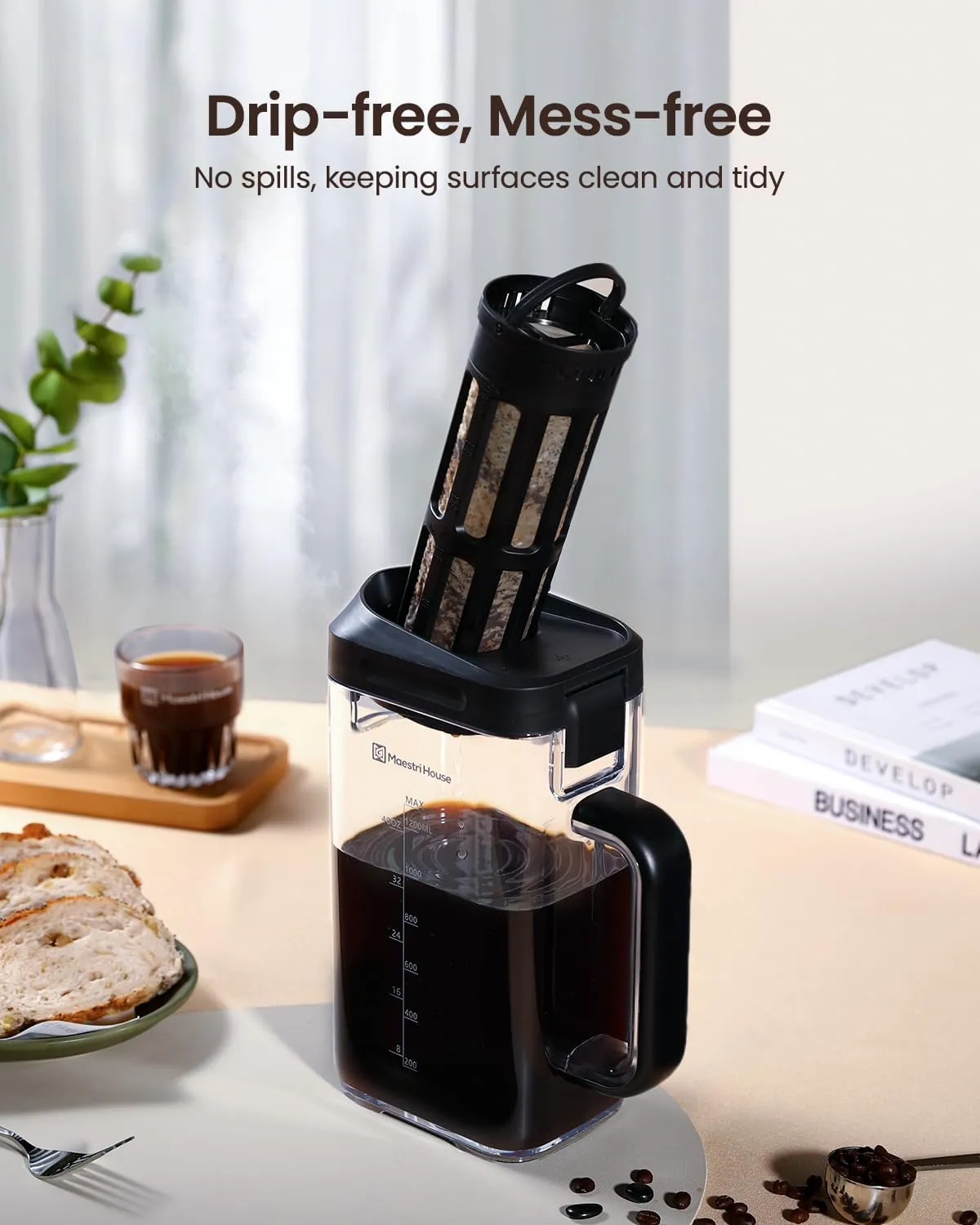 Maestri House Compact Cold Brew Coffee Maker, 41oz Iced Tea and Coffee Maker Brewer Space Saving Tritan Pitcher, 350 Mesh Filter, 100% Leak-Proof (Black)