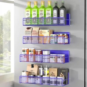 Magnetic Spice Rack for Refrigerator, 4 Pack Metal Magnetic Shelf, Super Magnetic Spice Organizer, Moveable Space Saving Shelf, Durable Home Kitchen Organization and Storage Racks, Purple Blue