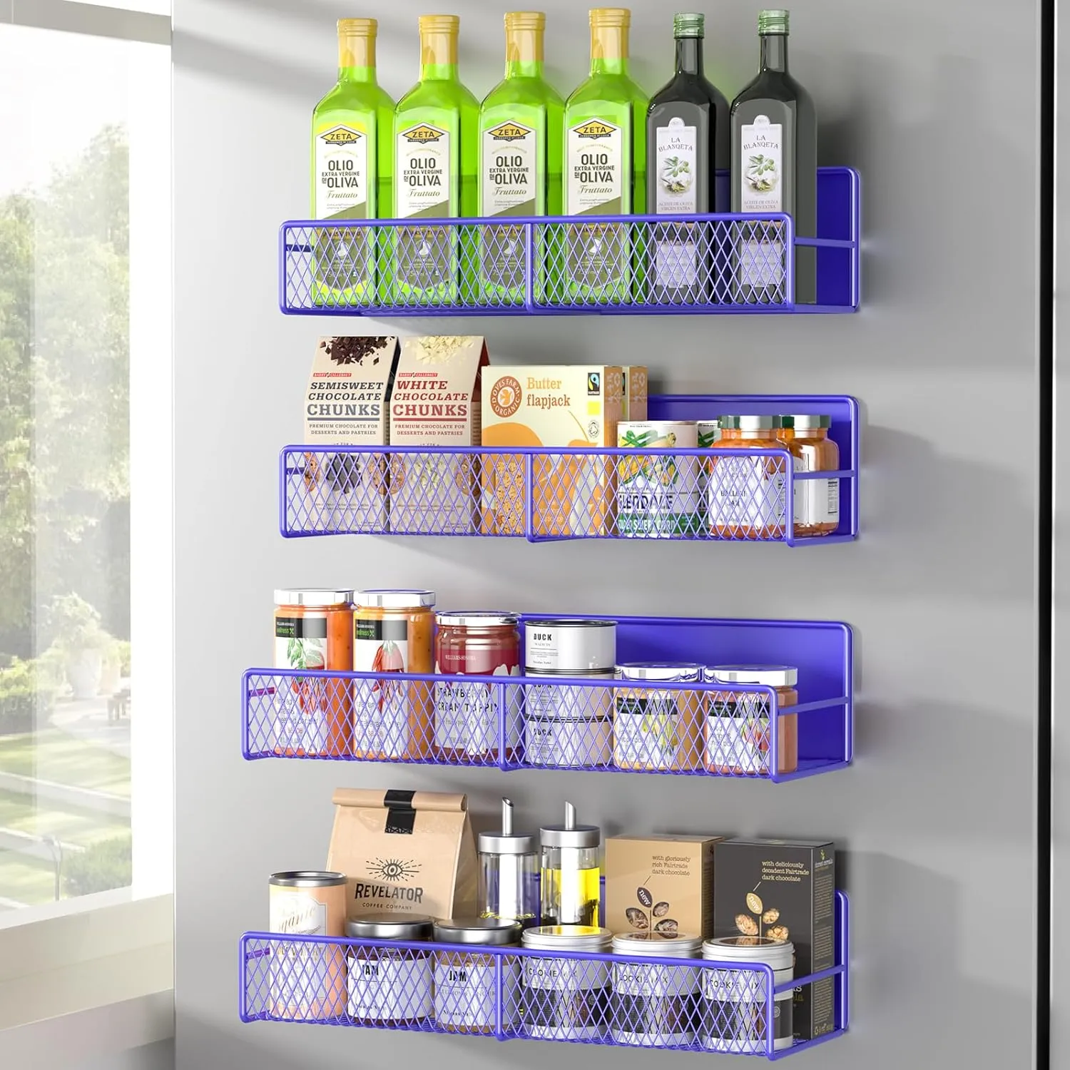 Magnetic Spice Rack for Refrigerator, 4 Pack Metal Magnetic Shelf, Super Magnetic Spice Organizer, Moveable Space Saving Shelf, Durable Home Kitchen Organization and Storage Racks, Purple Blue