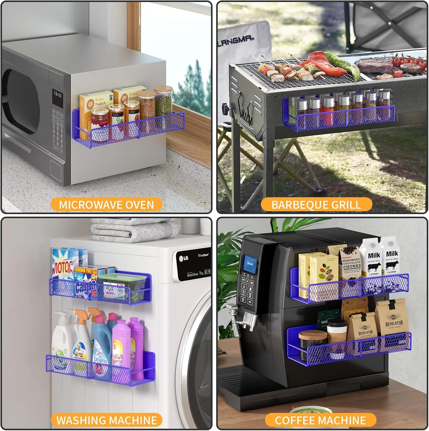 Magnetic Spice Rack for Refrigerator, 4 Pack Metal Magnetic Shelf, Super Magnetic Spice Organizer, Moveable Space Saving Shelf, Durable Home Kitchen Organization and Storage Racks, Purple Blue