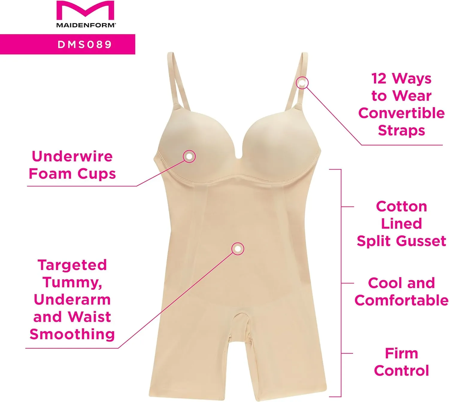 Maidenform Women's Shapewear Tummy Control Bodysuit with Mid-Thigh Shaper Shorts, Convertible Body Shaper, Wear 12 Ways