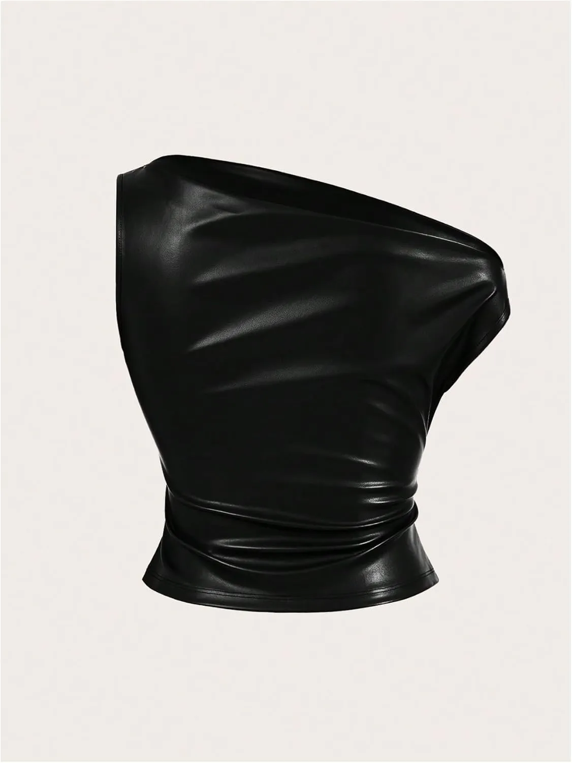 MakeMeChic Women's Faux Leather Asymmetrical Neck Shirt Ruched Y2k Tank Crop Top