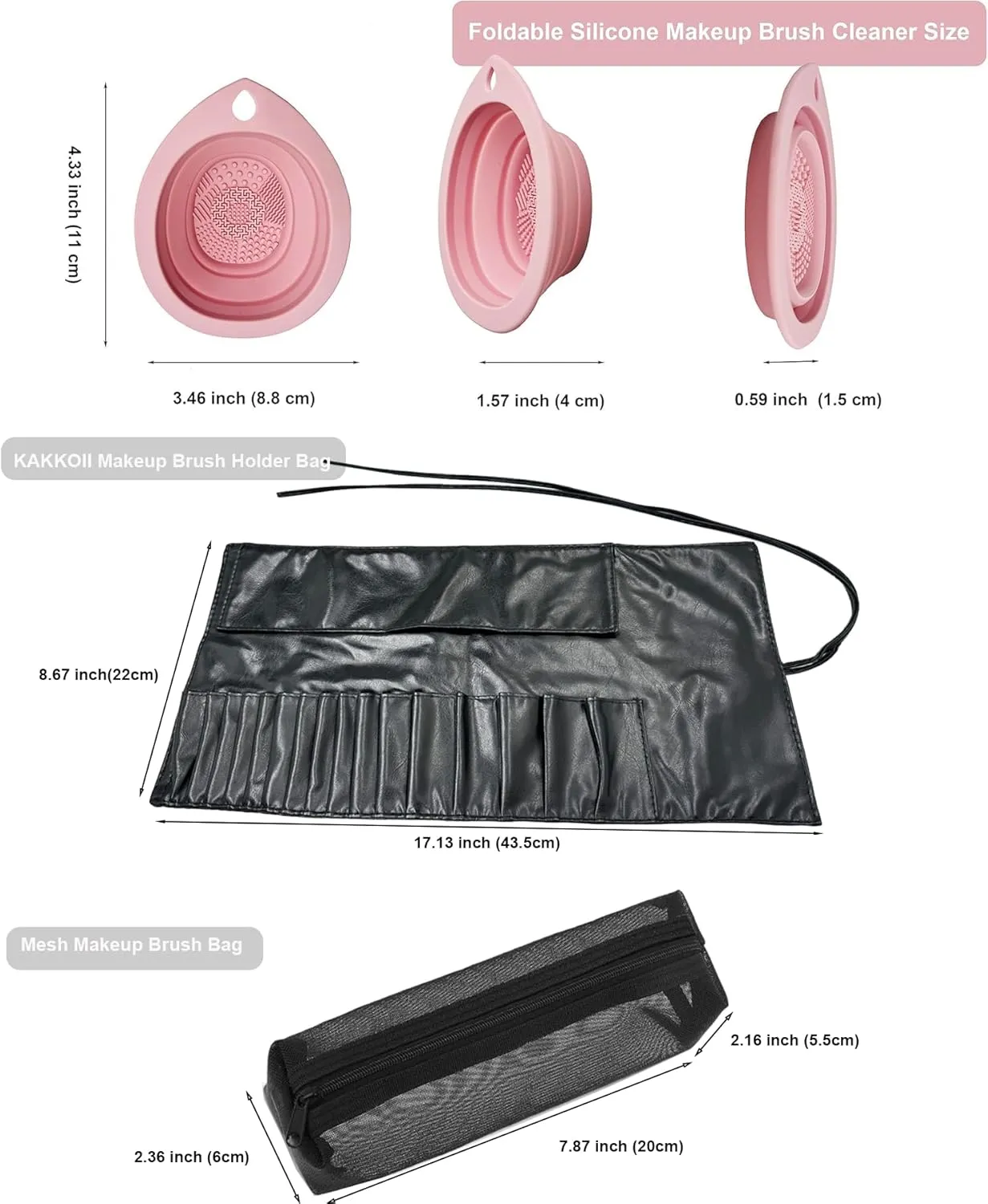 Makeup Brush Bag, PU Leather Makeup Brush Organizer, 16 Slots Portable Makeup Brush Pouch, Travel Mesh Cosmetic Bag With Foldable Makeup Brush Cleaner Bowl